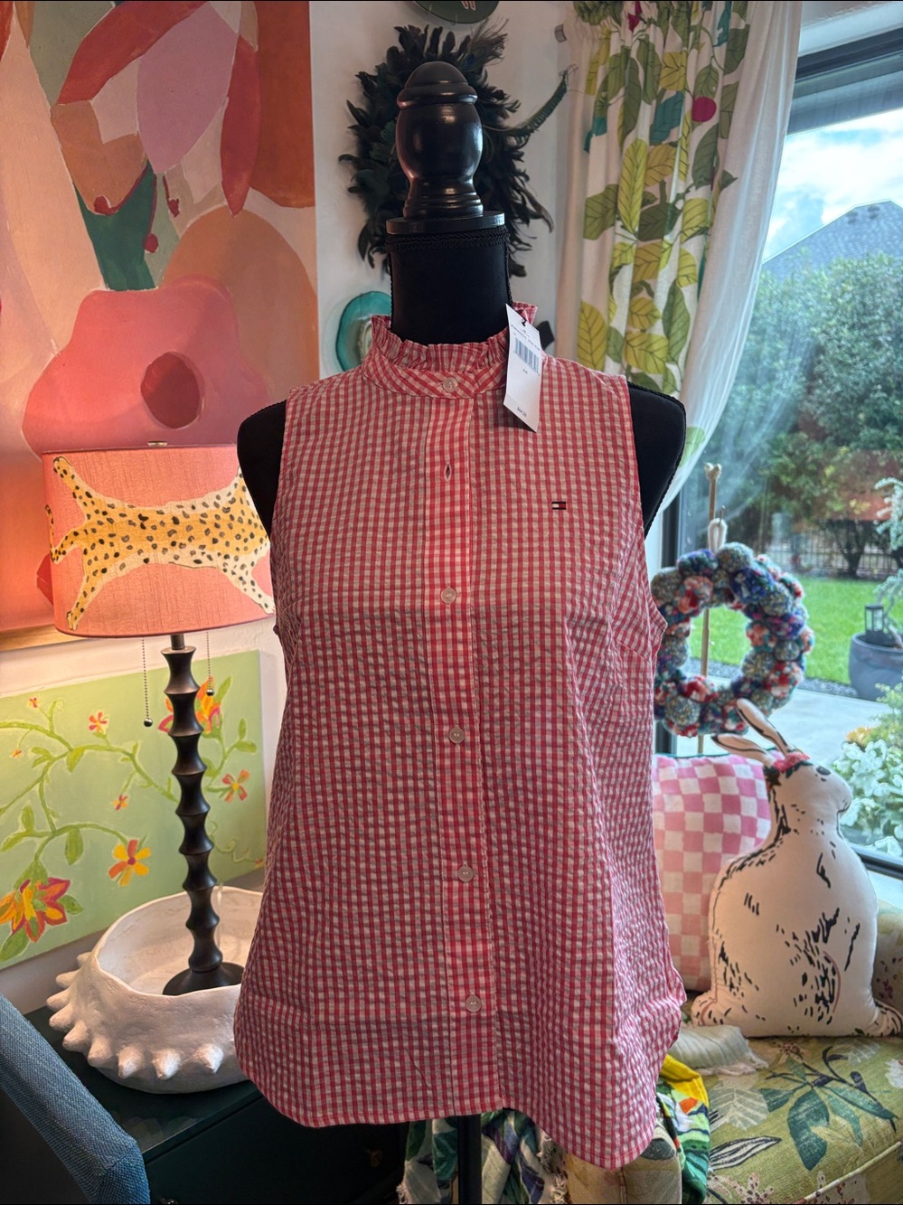 Tommy Hilfiger Pink and White Gingham Sleeveless Button Front Top